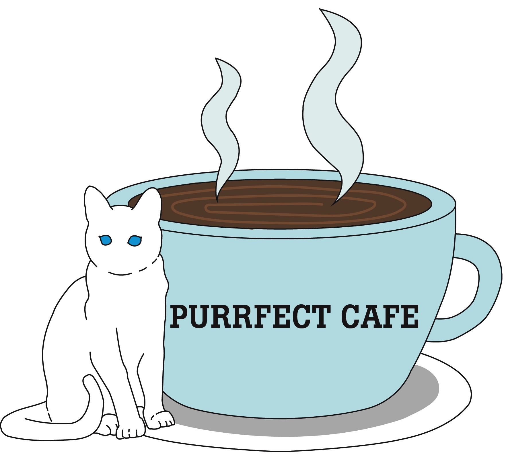 Cat cafe logo, white cat with blue eyes and a light blue cup of hot coffee.